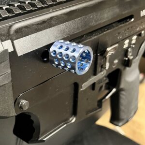 Installed DSLabs Titanium Charging Handle in Light Blue
